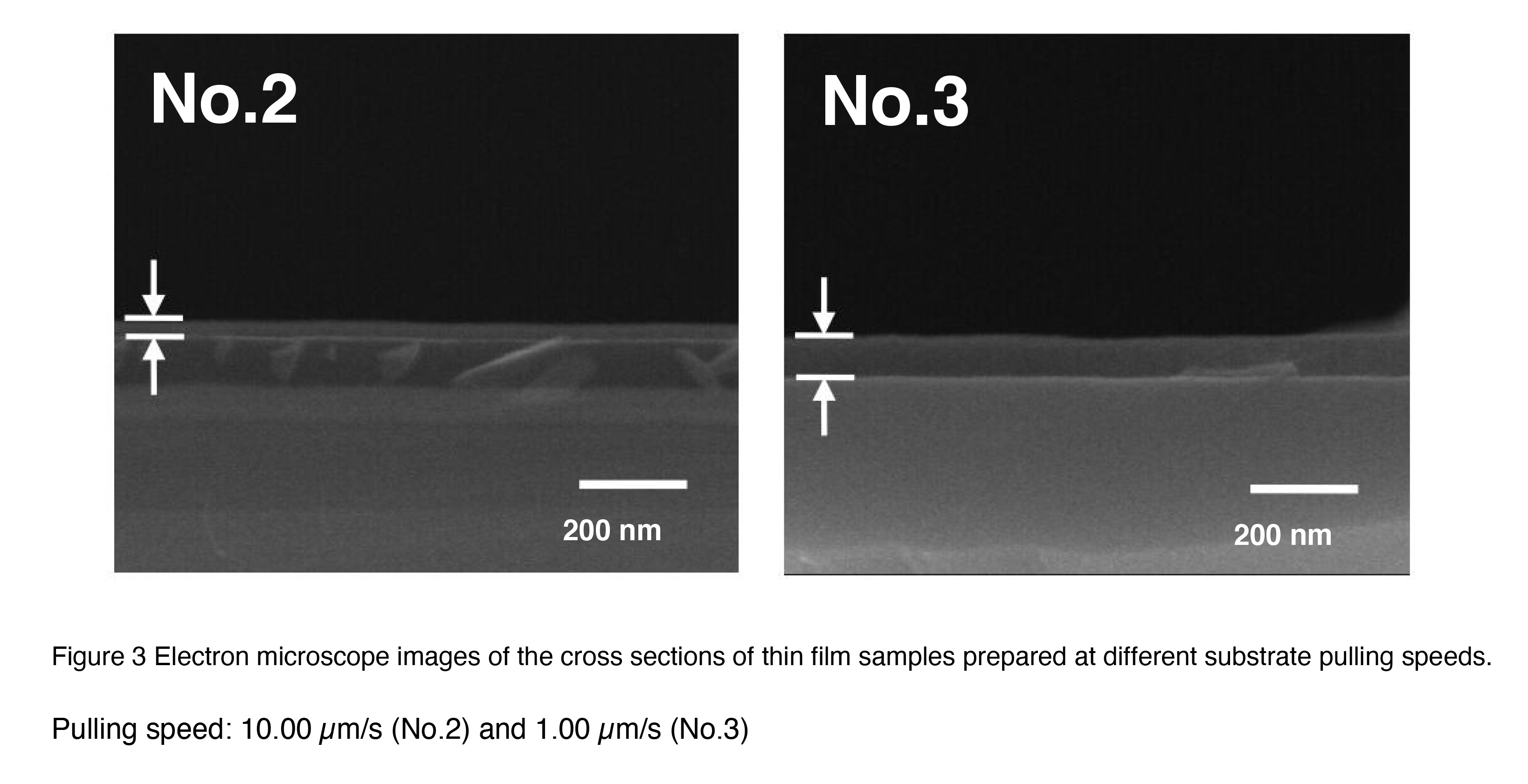 Figure 3 Electron microscope images of the cross sections of thin film samples prepared at different substrate pulling speeds.